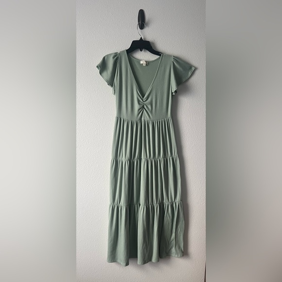 See You Monday Dresses & Skirts - See You Monday Sage Green Twist-Front Tiered Midi Dress